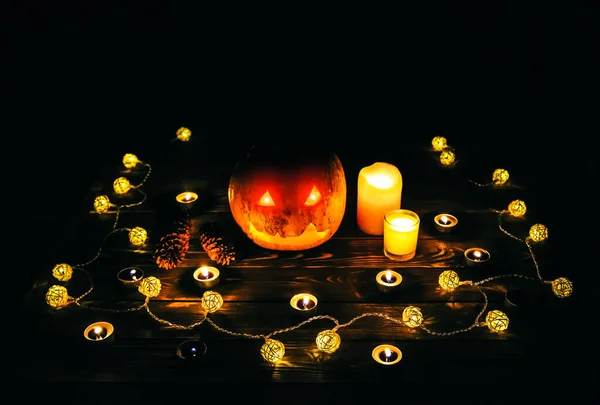 Zucca Halloween Nel Buio Luci Lampade Candele Vacanza Autunnale Mistica — Foto Stock