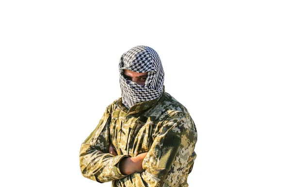 Soldier Isolated White Background Camouflage Uniform Checkered Keffiyeh Shemagh Bandana —  Fotos de Stock