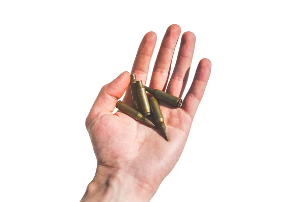 Man Holding Bullets Hand Isolated White Background War Concept — ストック写真