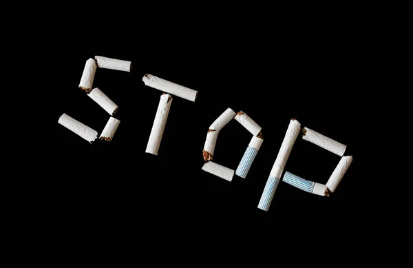 Σταμάτημα Λέξης Από Τσιγάρα Που Απομονώνονται Μαύρο Φόντο — Φωτογραφία Αρχείου