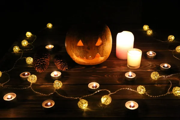 Zucca Halloween Nel Buio Luci Lampade Candele Vacanza Autunnale Mistica — Foto Stock