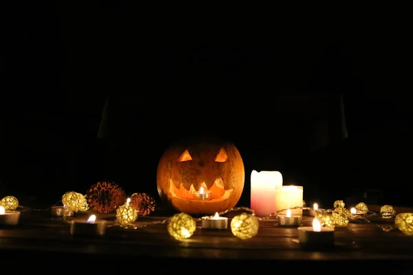 Zucca Halloween Nel Buio Luci Lampade Candele Vacanza Autunnale Mistica — Foto Stock