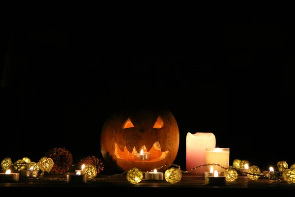 Zucca Halloween Nel Buio Luci Lampade Candele Vacanza Autunnale Mistica — Foto Stock