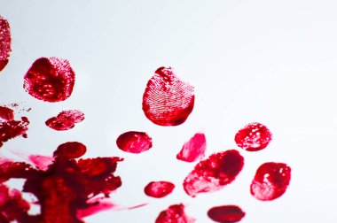 Beyaz arka planda kırmızı kanlı parmak izleri var. Korku ve olay yeri konsepti. Cadılar Bayramı kartpostalı.