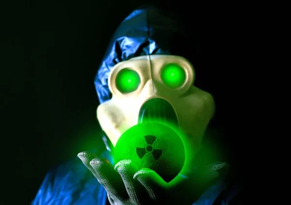 Man Gas Mask Holding Radioactive Luminous Orange Radiation Influence Environmental — Zdjęcie stockowe