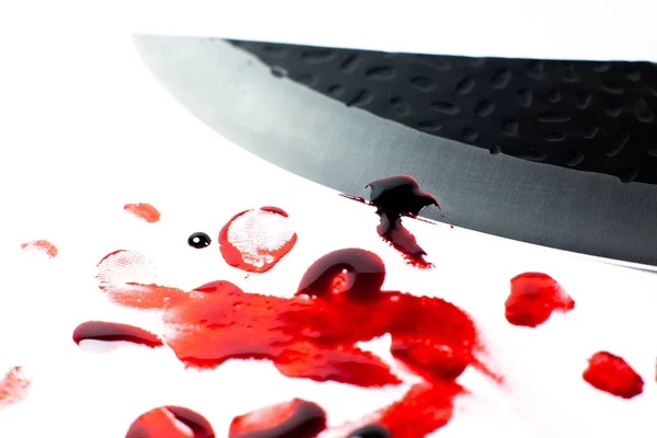 Nůž Krví Červené Krvavé Otisky Bílém Pozadí Koncept Hororu Místa — Stock fotografie