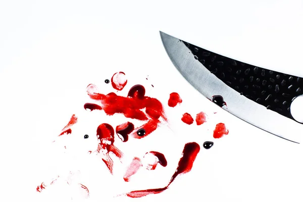 Nůž Krví Červené Krvavé Otisky Bílém Pozadí Koncept Hororu Místa — Stock fotografie