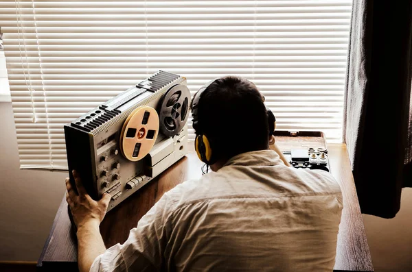 Special Agent Listens Reel Tape Recorder Officer Wiretapping Headphones Spying — Stock Photo, Image