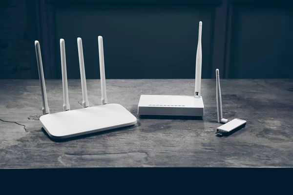 Three Different Types Routers Modern Old Technology Wireless Ethernet Connection — Stock Photo, Image