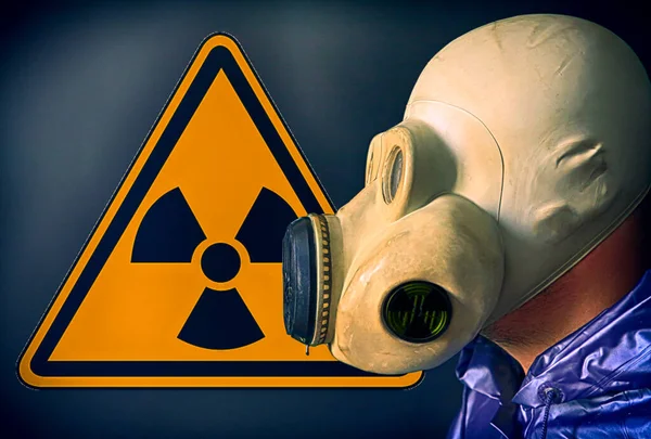 Man Gas Mask Radiation Sign Chernobyl Concept Dangerous Nuclear Power — Stock Photo, Image