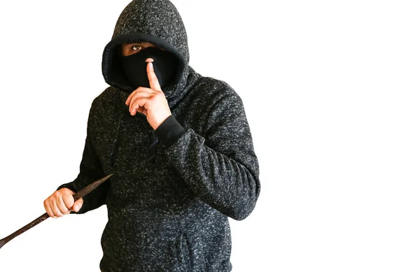 Criminal Crowbar Doors Robber Dark Hoodie Isolated White Background — Stockfoto