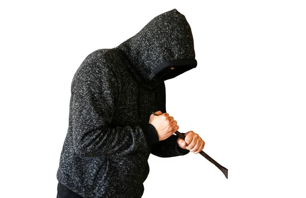 Criminal Crowbar Doors Robber Dark Hoodie Isolated White Background — Stockfoto