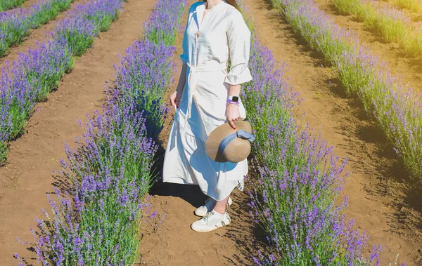 Girl White Linen Dress Walking Beautiful Purple Lavender Flowers Summer — Photo