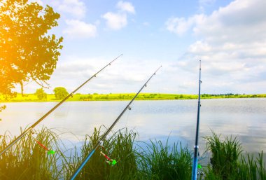 Fishing rods near the lake. Hobby outdoors. Catching fish in the nature with poles.