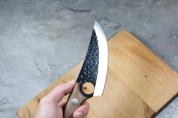 Man Hold Big Kitchen Knife Wooden Handle — Foto de Stock