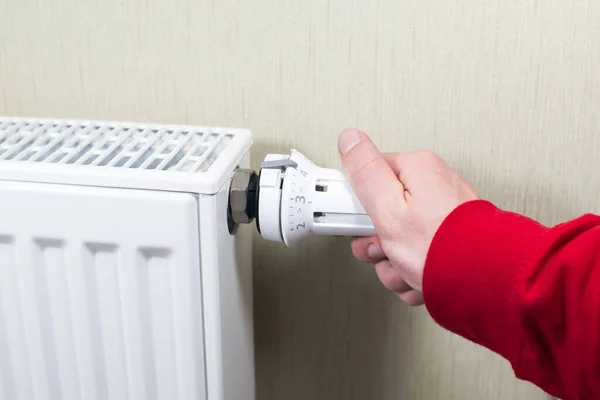 Fingers Adjust Gas Boiler Control Panel Hot Water Heating Buttons — Foto de Stock