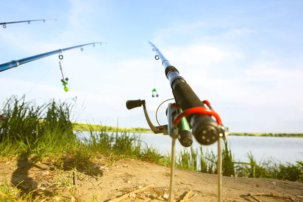 Fishing Rods Lake Hobby Outdoors Catching Fish Nature Poles — Stockfoto