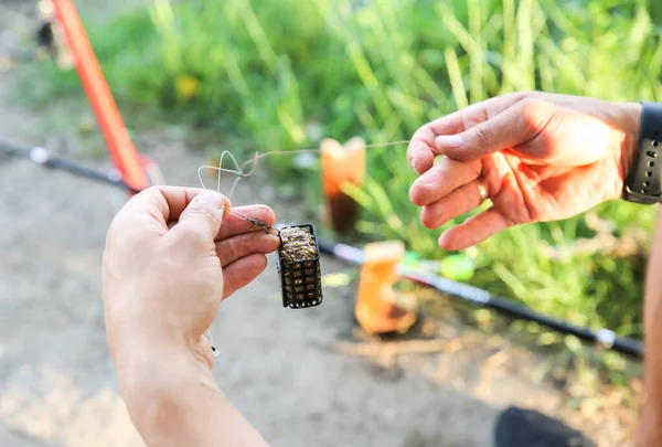 Man Holding Fishing Bait Outdoors Hobby — Fotografia de Stock