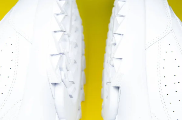 Modern Sneakers Yellow Background White Leather Trainers Big Sole Spikes — Stock Photo, Image