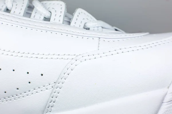 Modern Sneakers Background White Leather Trainers Seams Close Natural Fabrics — 图库照片