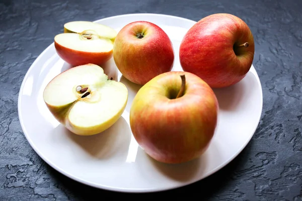 Apples Lying White Plate Still Life Photo Black Background — Foto de Stock