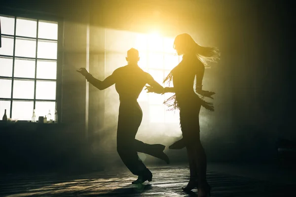 Couple Two Professional Ballroom Dancers Dancing Loft Studio Beautiful Art — Stock Photo, Image