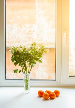 Roses with tangerines on window sill. Healthy and beautiful lifestyle. Cosy home ideas.