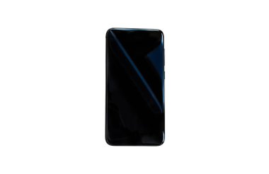 Isolated black smartphone on white background. Time to get a loan for electronics.