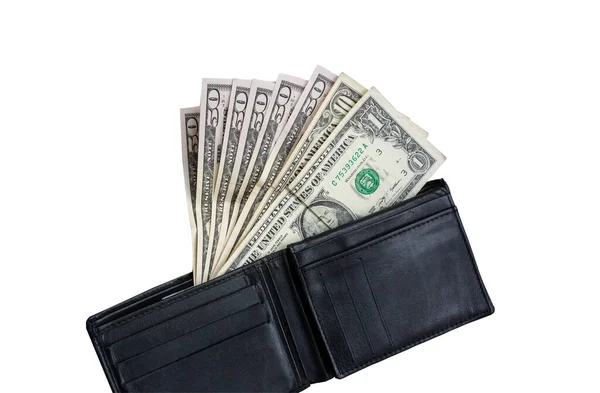 Money Black Leather Wallet Isolated White Background Time Shopping Buy — Stockfoto