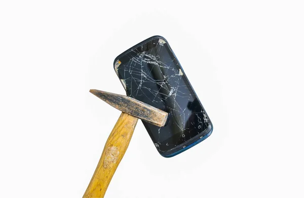Isolated Crashed Black Smartphone Hammer White Background — Foto Stock