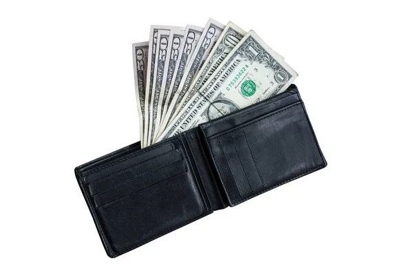 Money Black Leather Wallet Isolated White Background Time Shopping Buy — Stockfoto