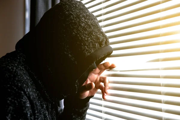Criminal Spying Window Old Shutter Blinds Robber Dark Hoodie — Fotografia de Stock