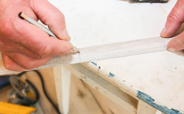 Man Installing Baseboard Repair Works Indoors Renovation Flat Pencil Hands — Photo