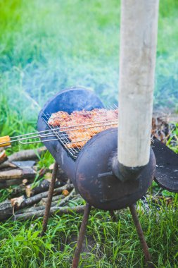 Açık havada ızgarada tavuk. Yazın ateşte barbekü. İyi eğlenceler. Doğada et pişirmek.