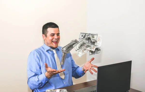 Man His Salary Office Worker Throwing Dollars Happy Face Top — стоковое фото