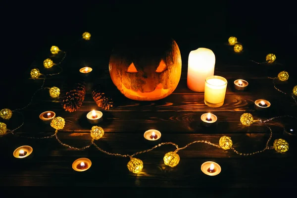 Zucca Halloween Nel Buio Luci Lampade Candele Vacanza Autunnale Mistica — Foto Stock