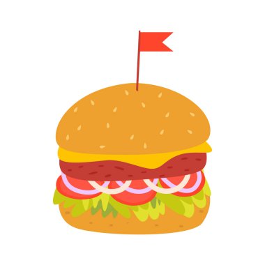 Lezzetli bir burgerin vektör çizimi. Geleneksel sokak yemekleri. Düz dizayn beyaz arkaplanda izole edildi.