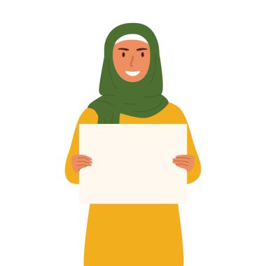Boş bir posterle yazı yazan tesettürlü bir kadının düz vektör çizimi. Beyaz arkaplanda izole tasarım.