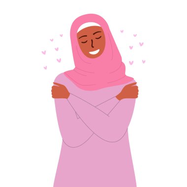 Düz vektör karikatür çizimi, tesettürlü bir kadının kendini kucaklamasını gösteriyor. Kendini sevme, kendini önemseme ve kendini kabul etme kavramı. Beyaz arkaplanda izole tasarım.