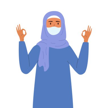 Koruyucu maske takan, tamam jestini gösteren, tesettürlü genç bir kadının düz vektör çizimi. Beyaz arkaplanda izole tasarım.