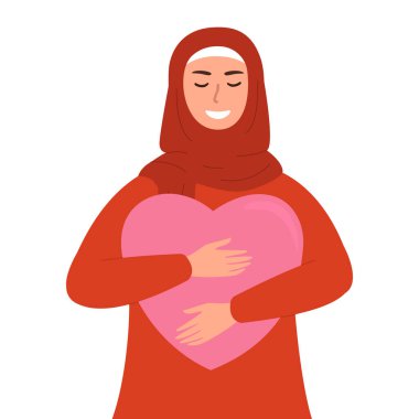 Tesettürlü bir kadının büyük bir kalbe özenle ve sevgiyle sarılmasının düz vektör çizimi. Özgüven ve özgüven kavramı..