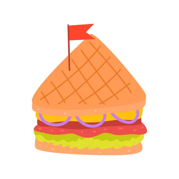 Flat Vector Cartoon Triangular Sandwich Cheese Onion Meat Lettuce Leaves — Stock Vector