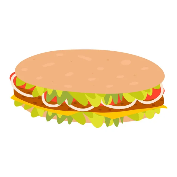 Flat Vector Cartoon Long Sandwich Tomatoes Onions Meat Lettuce Leaves — Stock Vector