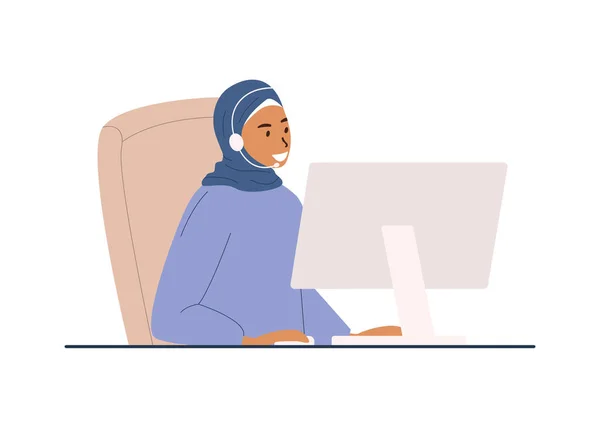 一个平面矢量漫画 描述了一个头戴头巾的女人在呼叫中心的计算机上工作 支助部门的工作 — 图库矢量图片