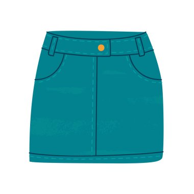 Kısa kot eteğin düz vektör çizimi. Şık bir gardırop parçası. Beyaz arka planda izole edilmiş modern sokak kıyafetleri.