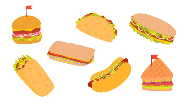 Flat Vector Cartoon Set Street Food Burger Various Sandwiches Hot — Stock Vector