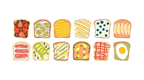 Large Cartoon Set Morning Sandwiches Snacks Various Ingredients Fruits Berries — Stock Vector