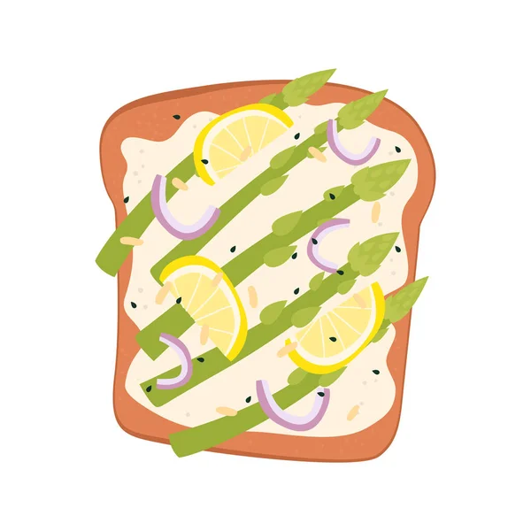 Flat Vector Cartoon Illustration Bread Sandwich Cream Cheese Asparagus Lemon — Stock Vector