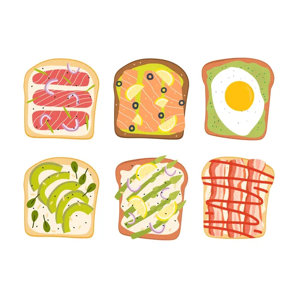 Flat Vector Cartoon Sandwich Set Various Ingredients Salmon Tuna Avocado — Stock Vector
