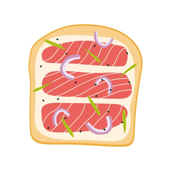 Flat Vector Cartoon Illustration Bread Sandwich Cream Cheese Red Fish — Stock Vector